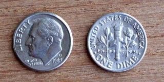 A U.S. $0.10 coin, known as a 'Dime'.