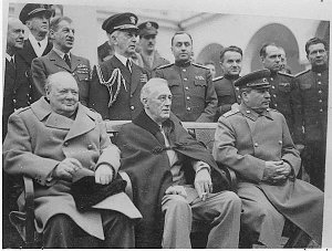 Winston Churchill, Franklin Delano Roosevelt, and Josef Stalin, at Yalta in 1945.