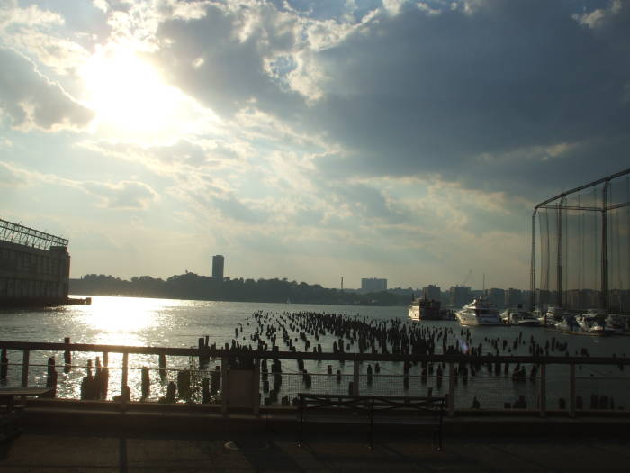 South on the bike path along Hudson River Park, view across the Hudson River to New Jersey.