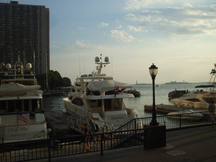 South on the bike path along Hudson River Park, yacht basin at Battery Park City.