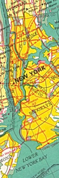 Map of New York showing Manhattan, the Bronx, Queens, Brooklyn and Staten Island, the Hudson River and New York Harbor.