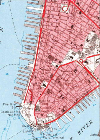 Topo map of Manhattan, Hudson River Shore, Battery, East River and Brooklyn Bridge.