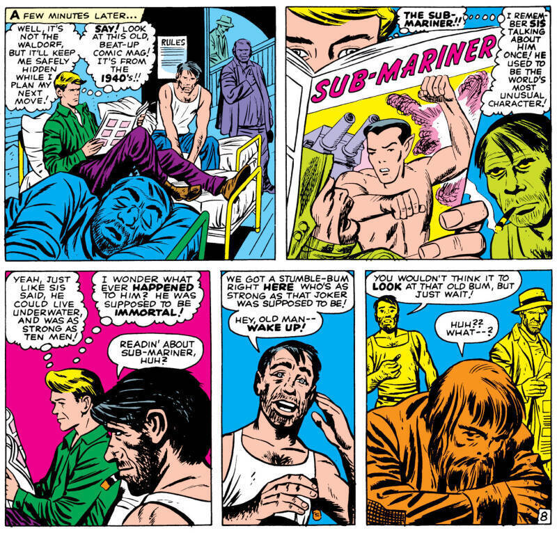 Fantastic Four #4, page 8, showing Johnny Storm arriving in a dormitory in the Bowery and reading a 'Sub-Mariner' comic book.