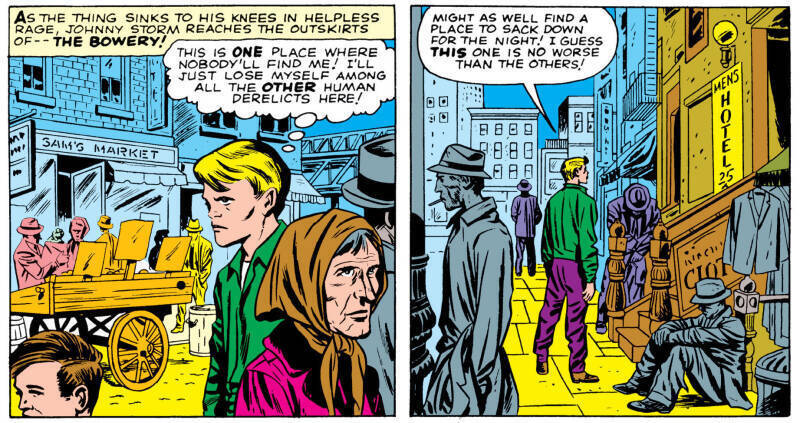 Fantastic Four #4, page 8, showing Johnny Storm finding a place to stay in the Bowery.