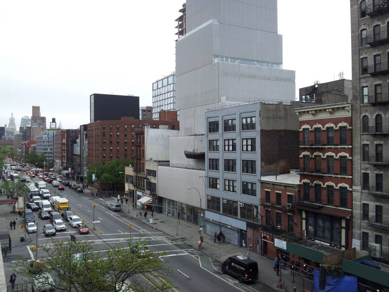 View north on Bowery showing the Bowery Mission and the New Museum from the roof of the Bowery House during the day.