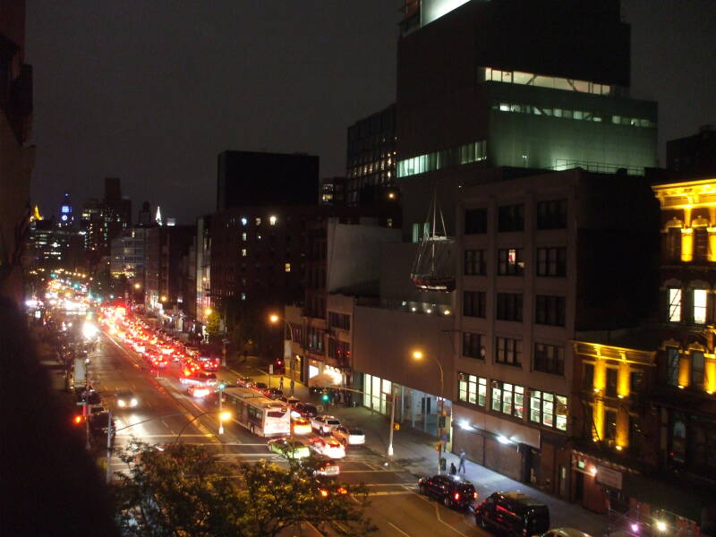 View north on Bowery showing the Bowery Mission and the New Museum from the roof of the Bowery House during the night.