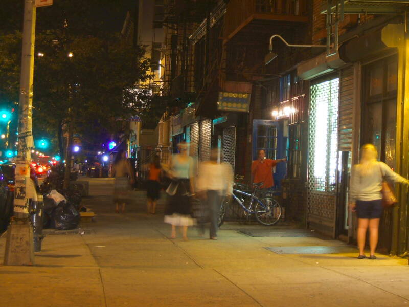 Nighttime view of the entrance to the Whitehouse SRO hotel and hostel at 340 Bowery.