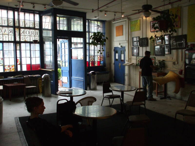 Looking out toward the street in the lobby of the Whitehouse SRO hotel and hostel.