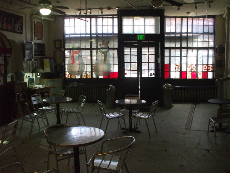 Looking out toward the street in the lobby of the Whitehouse SRO hotel and hostel.