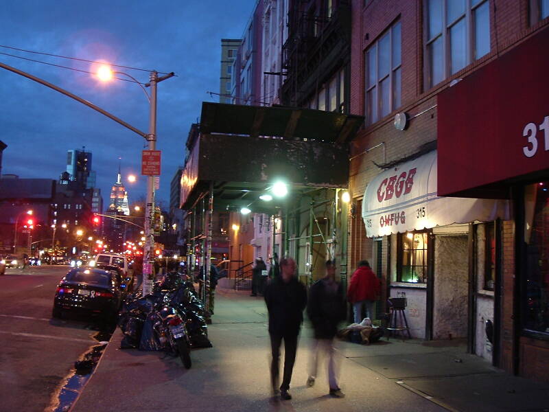 Looking north on Bleecker in late 2005 past CBGB toward the Empire State Building.