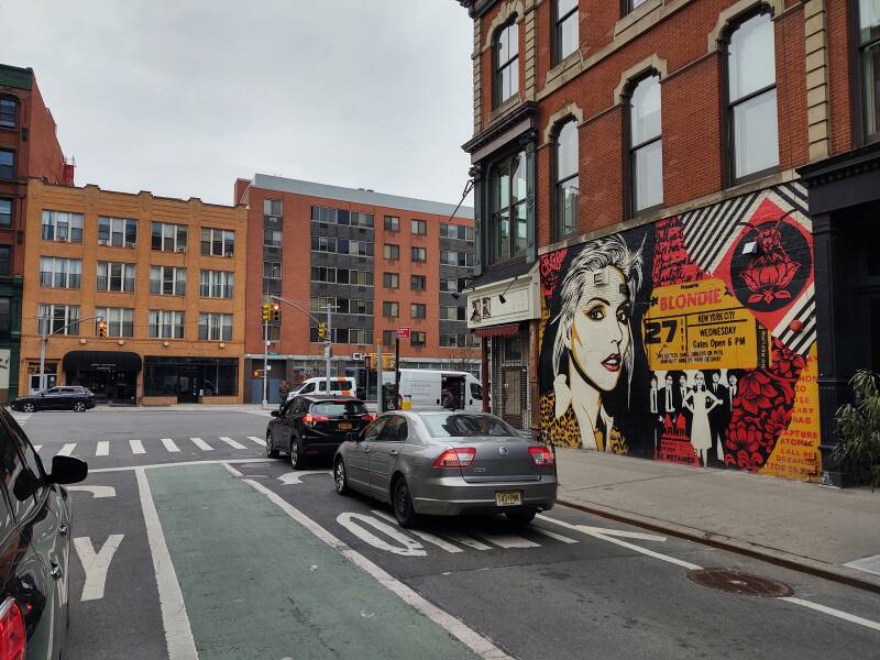 Blondie mural at the east end of Bleeker, across from site of CBGB, March 2022.