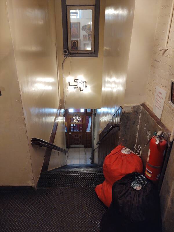 View down the staircase in the Vigilant Hotel at 370 Eighth Avenue in Manhattan.