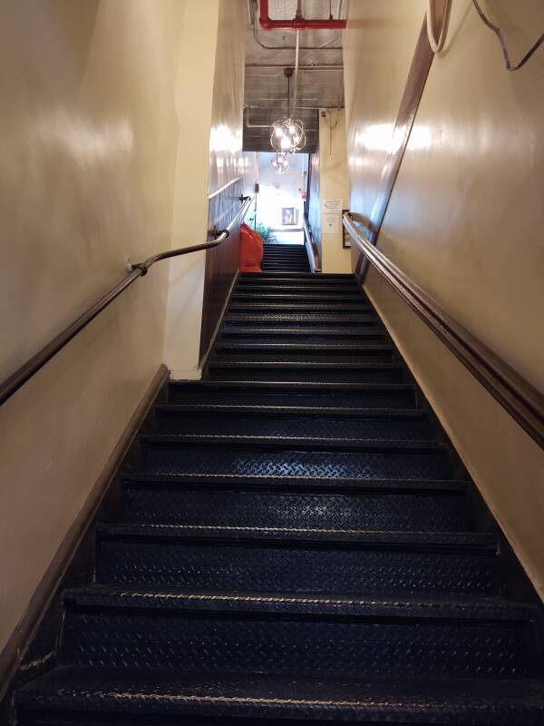 View up the staircase in the Vigilant Hotel at 370 Eighth Avenue in Manhattan.