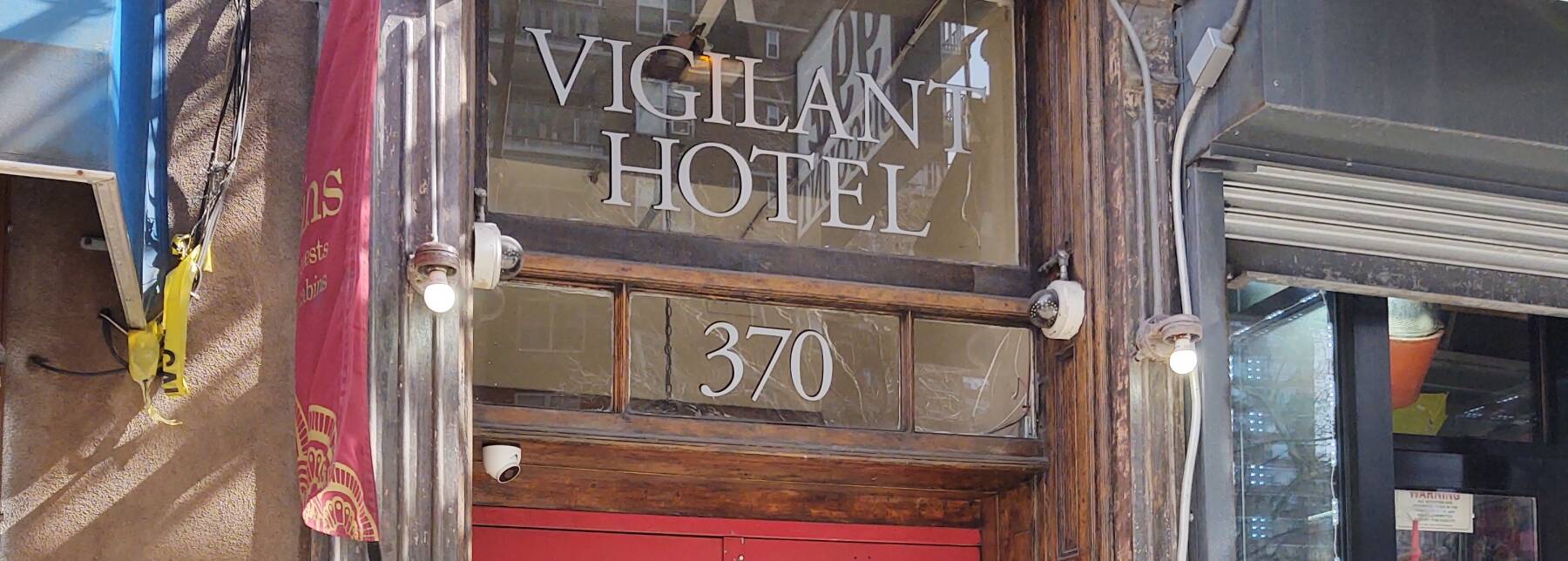 Entrance to the Vigilant Hotel in the northern Chelsea district.