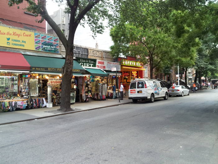Open-fronted stores near Third Avenue.  North side of St. Marks Place, 3rd Avenue to 2nd Avenue.