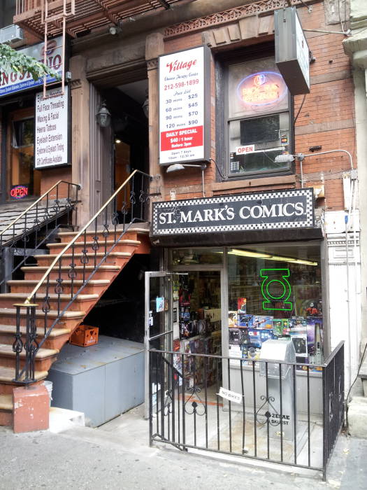 St. Marks Comics at #11 St. Marks Place.  North side of St. Marks Place, 3rd Avenue to 2nd Avenue.