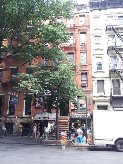 Open-fronted stores near Third Avenue.  North side of St. Marks Place, 3rd Avenue to 2nd Avenue.