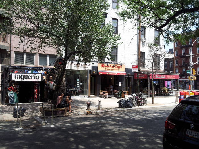 North side of St. Marks Place between Second Avenue and First Avenue in the East Village.