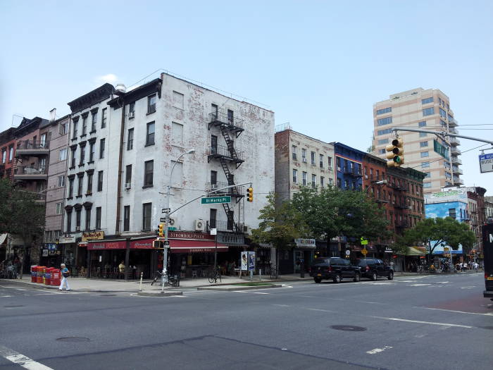 Northwest corner of St. Marks Place and First Avenue in the East Village.