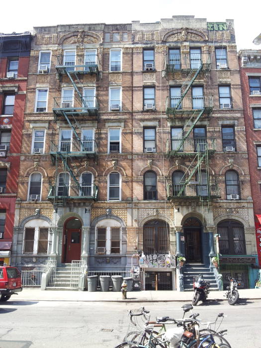 The 'Physical Graffiti buildings' on the south side of St. Marks Place between First Avenue and Avenue A in the East Village.