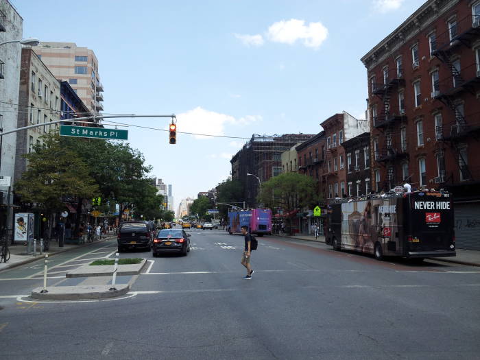 View north on First Avenue from St. Marks Place.