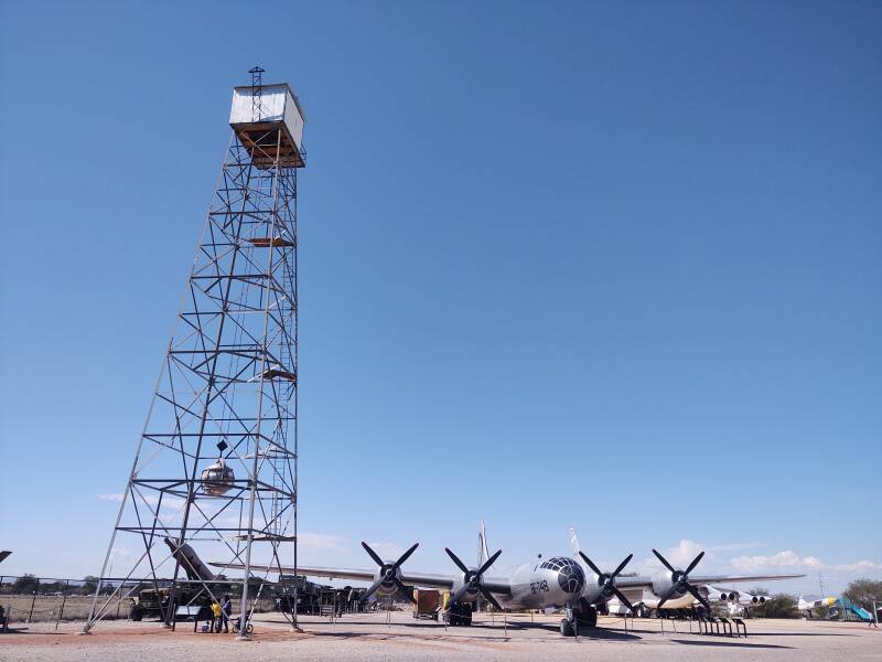 Replica Trinity Site tower and B-29 at the National Museum of Nuclear Science & History.