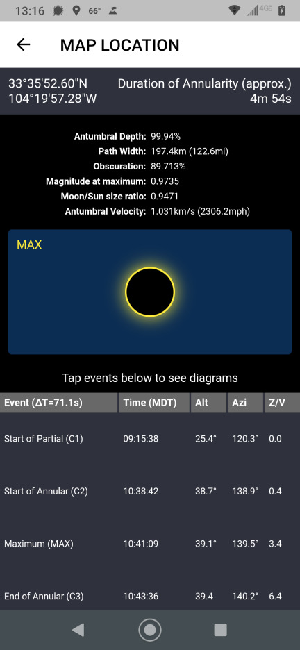 Totality smartphone app showing some eclipse details.