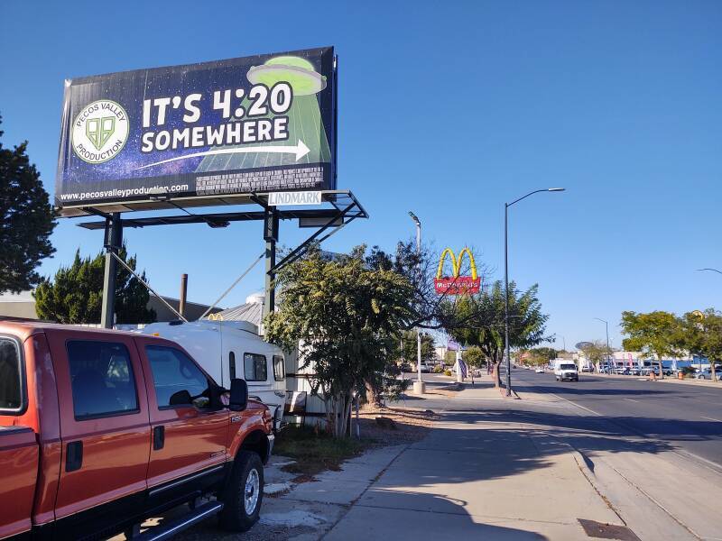 'It's 4:20 Somewhere' billboard for a Pecos Valley THC shop in Roswell, New Mexico