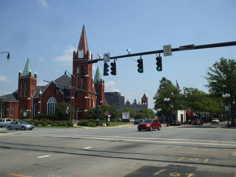 Methodist and Baptist churches in the old downtown of Fayetteville, North Carolina.