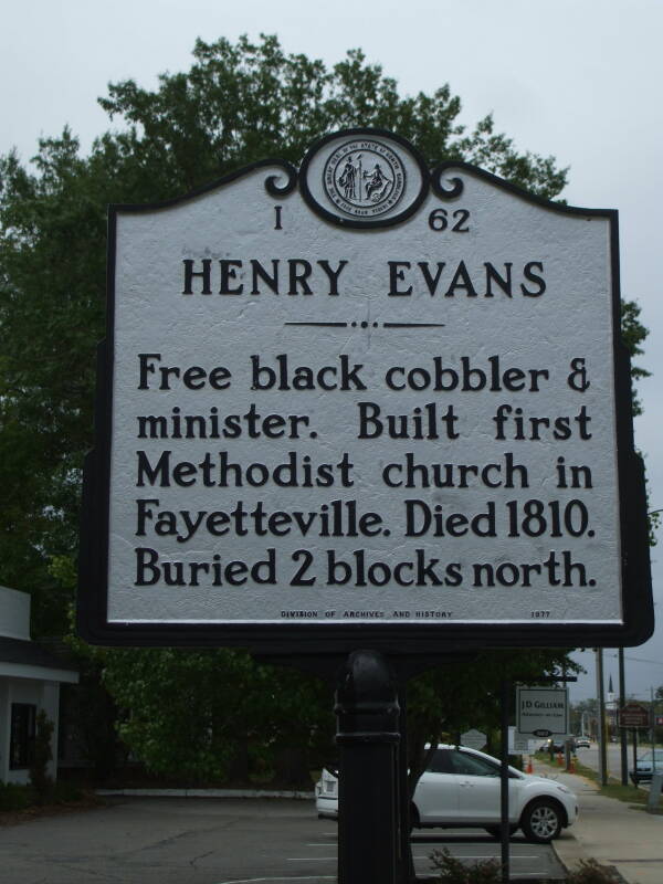 Historical marker for Henry Evans in Fayetteville, North Carolina.