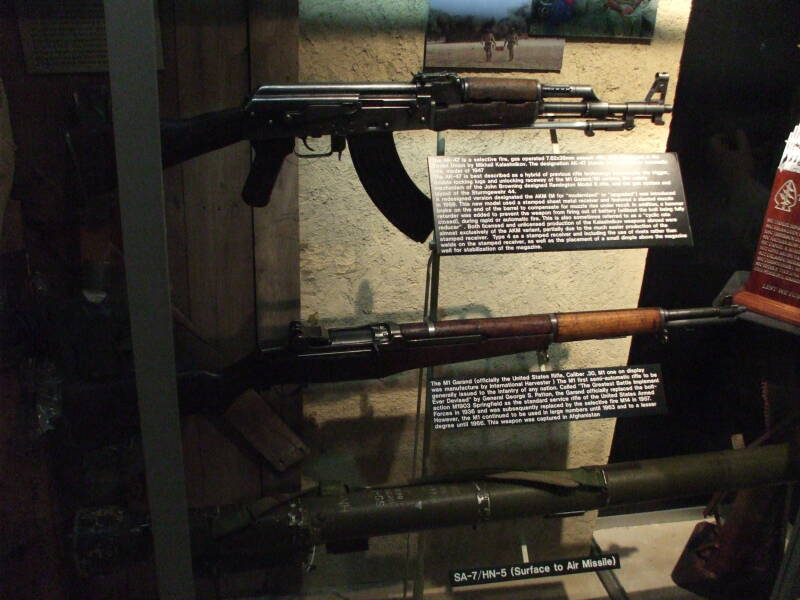 AK-47 and M1 Garand rifles and SA-7/HN-5 missile launcher in the John F Kennedy Special Warfare Museum.