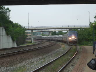 Amtrak train 'The Cardinal' from New York to Chicago pulls into Lafayette, Indiana.