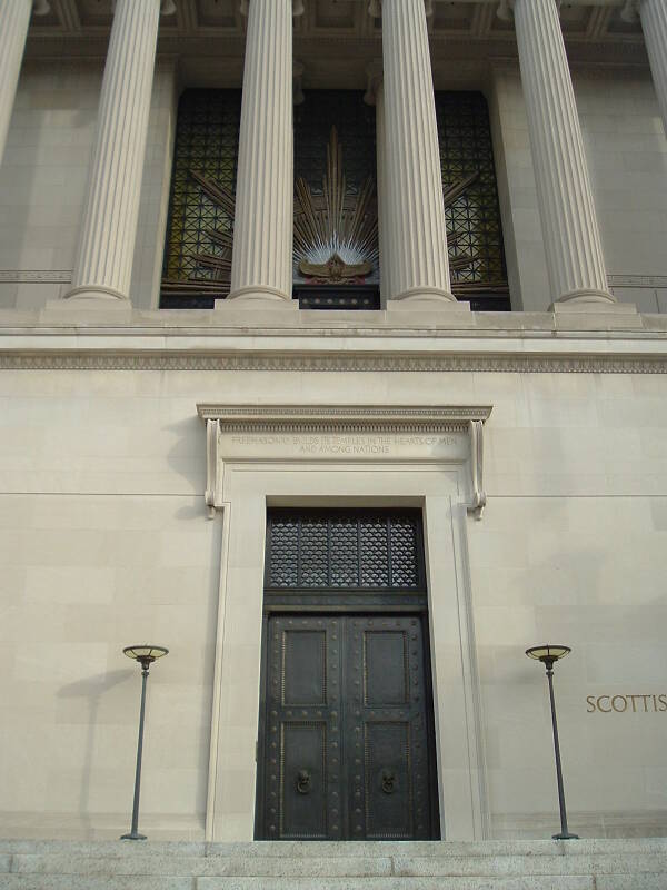 Freemason House of the Temple in Washington DC, as in 'The Lost Symbol' by Dan Brown, exterior view and entrance, Masonic symbolism, Masonic sights as seen by an unworthy Cowan.