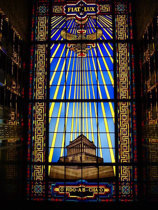 Freemason House of the Temple in Washington DC, as in 'The Lost Symbol' by Dan Brown, Masonic stained glass window.