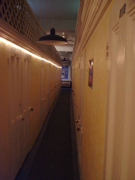 The showers, washbasins and toilets are down the hall.
