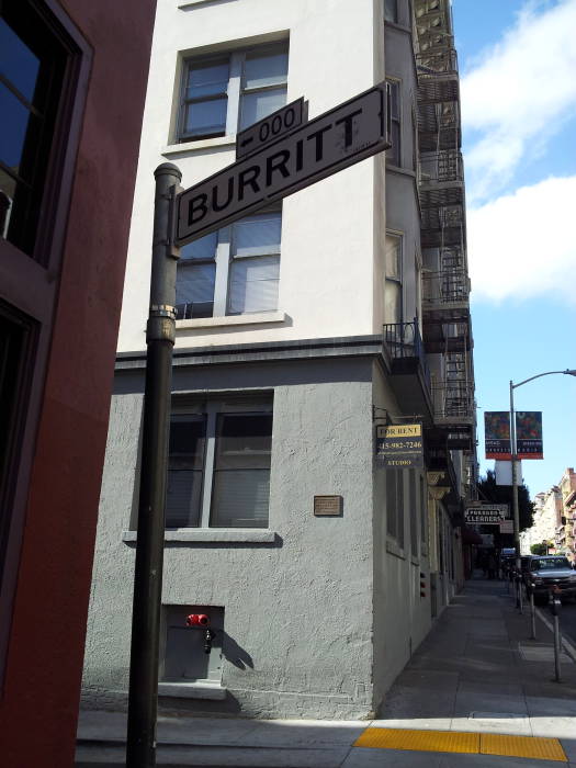 Street sign at the corner of Burritt Street in San Francisco, where Brigid O'Shaughnessy killed Miles Archer.