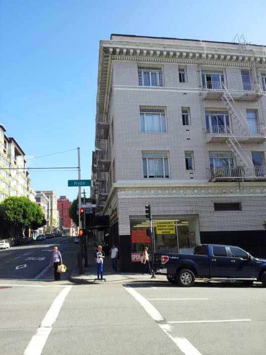 Looking east on Post Street across Hyde Street to Dashiell Hammett's apartment.