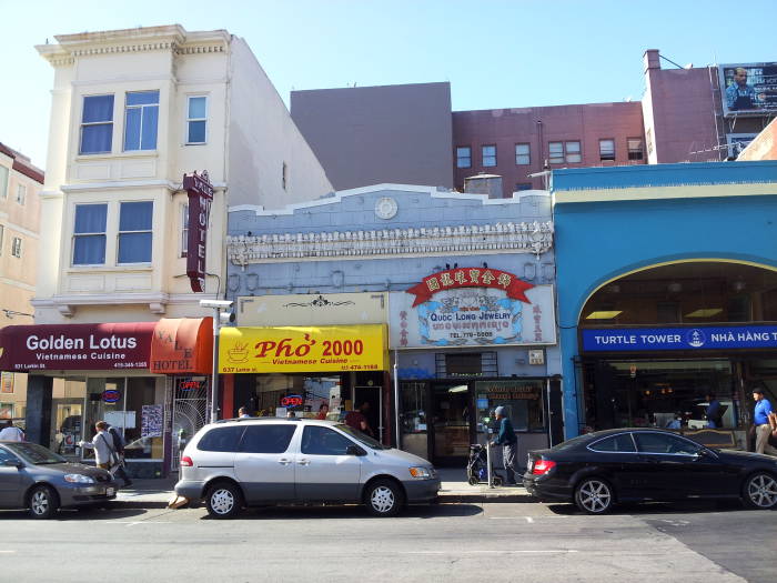 Two restaurants, a small hotel, and stores in Little Saigon in the Tenderloin district of San Francisco.
