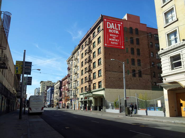 The Dalt Hotel near the east end of Turk Street in the Tenderloin district advertises weekly and monthly rates.