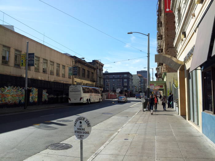 No vehicles are parked in the east end of Turk Street in the Tenderloin district.
