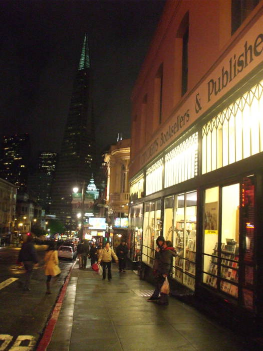 City Lights book store and the Transamerica Tower in San Francisco.