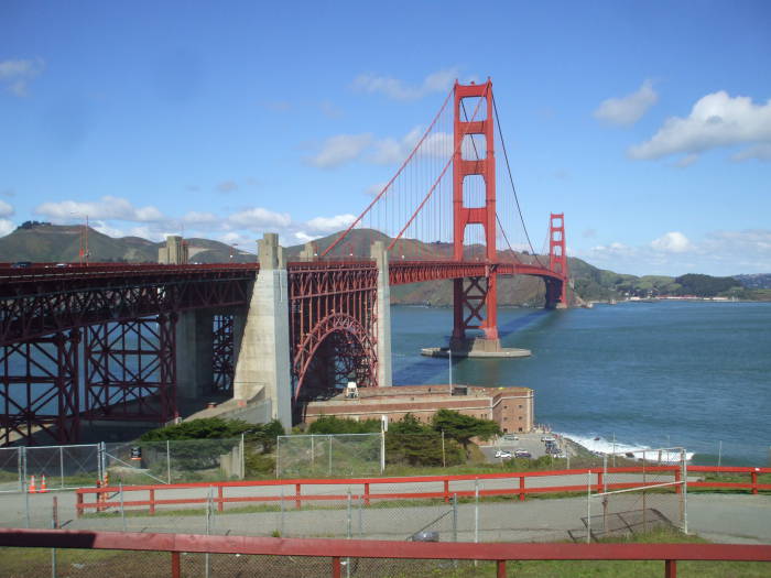 View north along the Golden Gate Bridge from San Francisco toward the Marin Headlands.