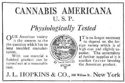 Cannabis Americana, medical marijuana from J.L. Hopkins and Company, 100 William Street, New York.