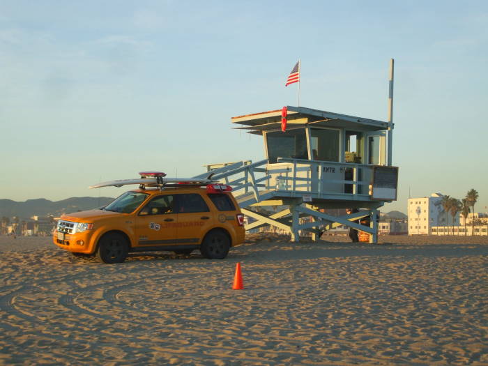 Lifeguard station and truck on the beach at Venice, California.