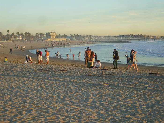 People enjoying the beach at Venice in the late afternoon.