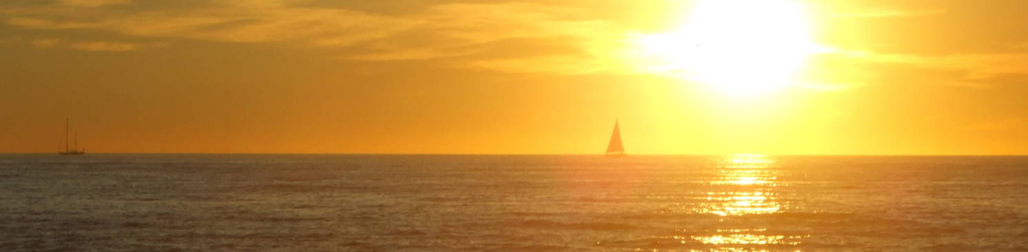 Sailboats pass in front of the setting sun as seen from Venice Beach.