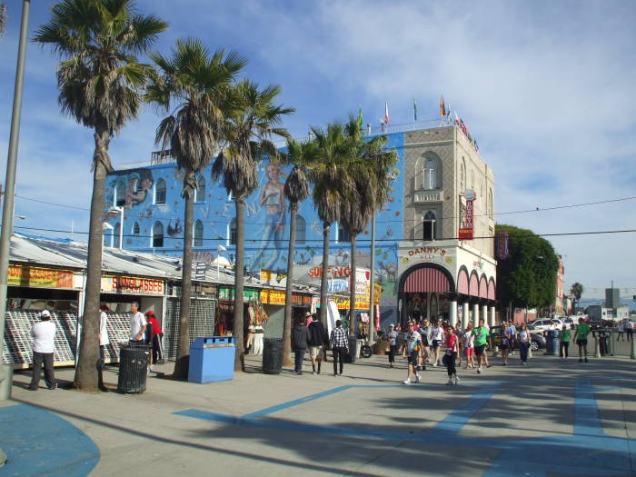 Shops along the boardwalk in Venice, California.