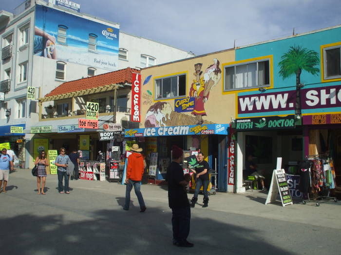 Shops along the boardwalk in Venice, California.