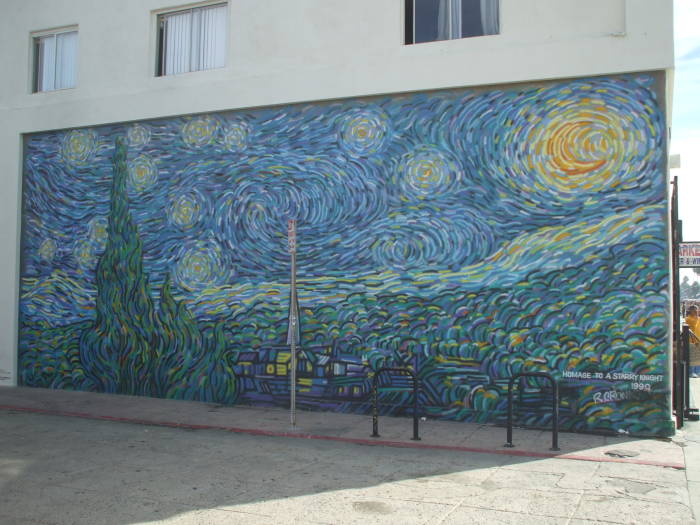 Mural of Vincent Van Gogh's 'Starry Night' along the boardwalk in Venice, California.