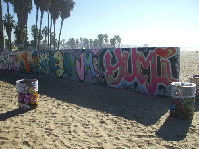 Graffiti art on the beach in Venice, California.